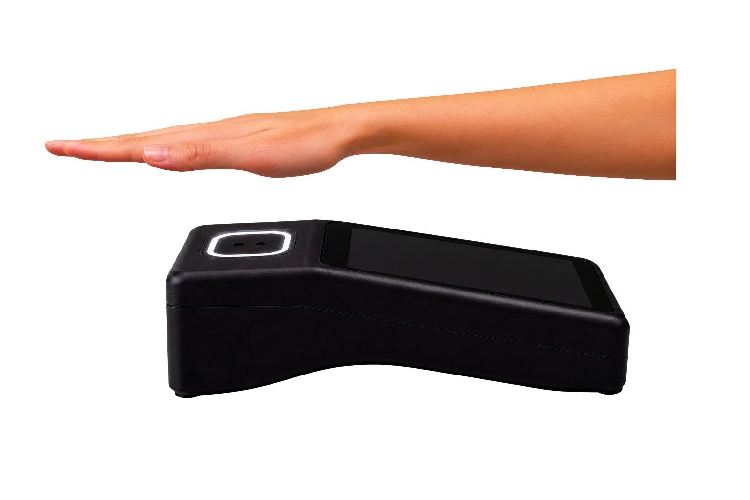 Una mano sopra il terminale biometrico nero KeroPay